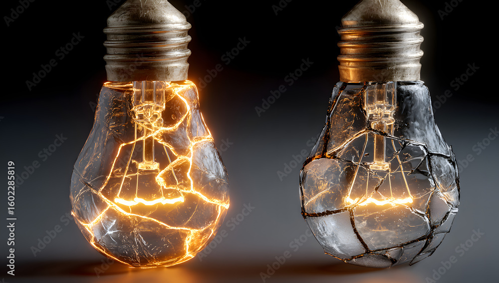 Problems Bulb Glowing and broken light bulb comparison concept, problem and solution ...