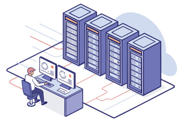 Professional working at a desk with dual monitors and server racks in a modern data center environment during daytime