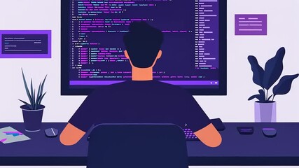 Programmer coding in a modern workspace with plants, colorful screen, and notes in the background