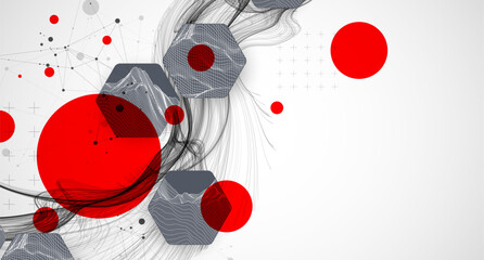 Wall Mural - scientific and technological background. wave with wireframe hexagons of different types on a gray g
