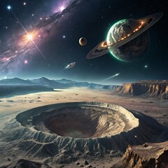 alien spaceship hovering over a cratered alien planet with a nebula in the background