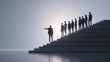 © Ruvin - Silhouetted Diverse Professionals on Layered Steps with Management Labels , Motivational Leadership Concept on White Background
