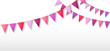 © klyaksun - Colorful party garland - triangular bunting flags in pink, purple and red colors on golden rope. Festive decoration for birthday or event celebration on white background. Carnival pennant banner.