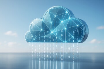 Wall Mural - digital cloud with binary code and glowing network lines on light blue background symbolizing data s
