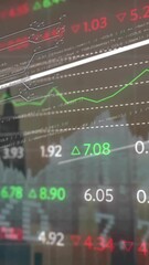 Wall Mural - animation of financial data processing over cityscape on dark background