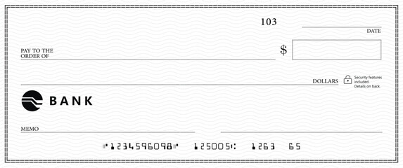 Bank check, vector blank money cheque, checkbook template with guilloche pattern and fields. Currency payment coupon, money check background