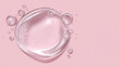 © Екатерина Чумаченко - Water bubbles and droplets, floating, pink tinted background. Serum bubble macro. Liquid gel drops. Hydration concept for beauty products.