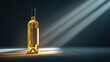 © Irene - Wine bottle with golden liquid and blank label, on dark ground, highlighted by diagonal light beam