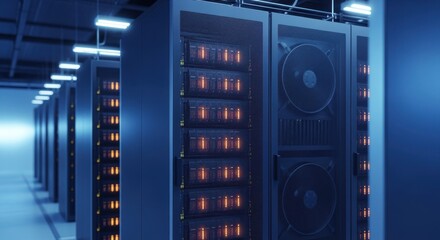Dynamic lighting highlights futuristic server arrays and integrated cooling technology in a large data center.