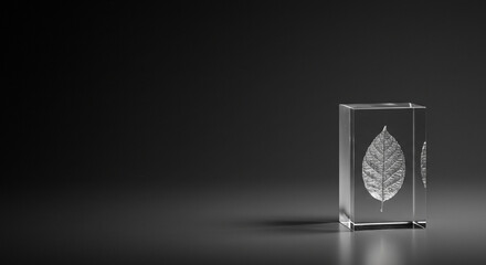 Leaf encased in crystal cube on black background studio shot for nature and science presentation display object
