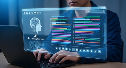 modern developer using ai coding assistant on laptop for software development, creating innovative a