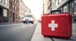© Sameer - Emergency medical kit ready for action with ambulance arriving on city street offering peace of mind and professional healthcare solutions