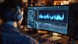 © SANAULLAH - High-resolution stock photo of an audio engineer working on a computer with sound waves, focusing on the screen and headphones,