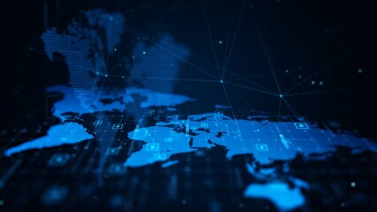 Wall Mural - digital global blue network map with abstract technology graphics