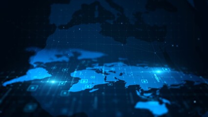 Wall Mural - futuristic global digital network with glowing blue world map and grid patterns