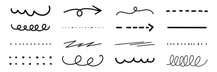 Wall Mural - Collection of hand-drawn lines and arrows. Curved lines, straight lines, and arrows. Dotted lines, wavy lines, and zigzag lines. Arrows and lines for design. Black hand drawn elements, vector set.