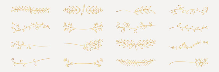 Wall Mural - Vector set. Elegant gold floral dividers. Gold leaves and branches create delicate dividers. Perfect for invitations, gold-themed designs, and elegant decorations. Hand drawn ornament vector set.