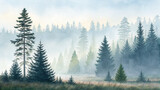 Misty Pine Forest Watercolor Painting