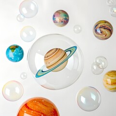 Wall Mural - Colorful bubbles with planet designs, including Saturn, Earth, and Mars. The scene showcases a whimsical representation of the solar system in bubble form.