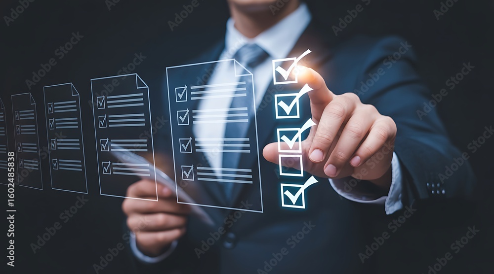 Businessman's hand checking off items on a digital checklist to do list ...