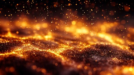 Wall Mural - fiery gold particles cascading over dark surface; abstract background; for digital design, gaming, o