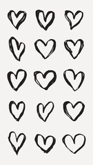 Wall Mural - pattern of hand-drawn black hearts on a white background. simple heart design, repeated heart motif,