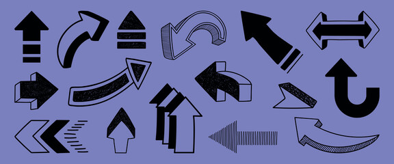 Wall Mural - collection of black arrows on a purple background. various arrow designs, including curved, straight