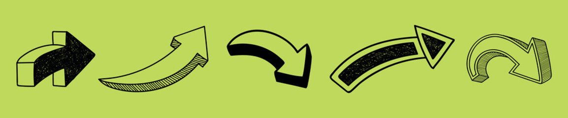 Wall Mural - various black arrows on a green background. arrows pointing in different directions. arrows in 3d an
