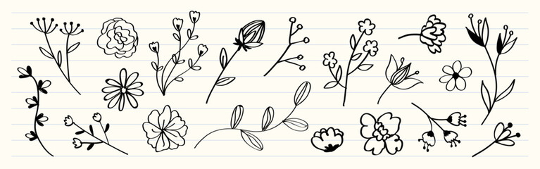 Wall Mural - hand-drawn floral doodles on lined paper. simple flowers, leaves, and stems in black ink. floral ske