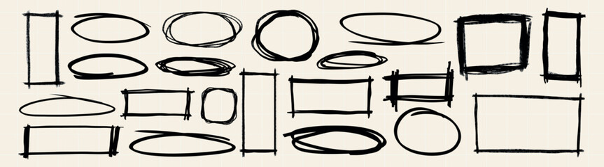 Wall Mural - collection of hand-drawn black frames. sketchy, irregular shapes. oval and rectangular frames. black