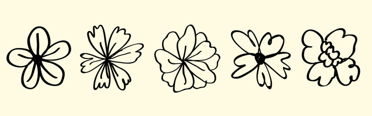 Wall Mural - minimalist floral line art with five abstract flower designs. simple flower sketches, black lines on