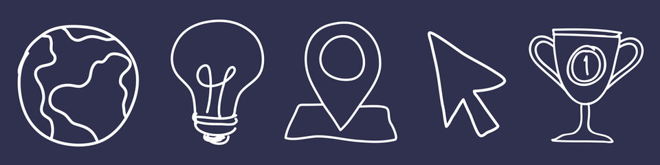 Wall Mural - line icons on a dark background: globe, lightbulb, map pin, cursor, trophy. simple, minimalist desig