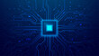 © AntonKhrupinArt - Quantum CPU AI Chip on Blue Circuit Board Background. Light Gloving Computer Core and Circuit Components. Artificial Intelligence Power Semiconductor on Technology bg. Tech Vector Illustration.
