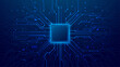 © AntonKhrupinArt - CPU with Light Glowing Neon Frame on Circuit Board. Technology Semiconductor on Blue Background. Empty AI Chip. Digital Tech Bg. Big Data and Artificial Intelligence Concept. Vector Illustration.