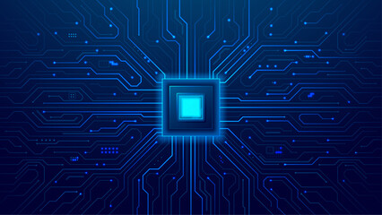 Wall Mural - Quantum CPU AI Chip on Blue Circuit Board Background. Light Gloving Computer Core and Circuit Components. Artificial Intelligence Power Semiconductor on Technology bg. Tech Vector Illustration.