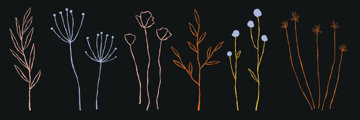 Wall Mural - minimalist floral illustration with delicate line art. features various flowers, leaves, and stems. 