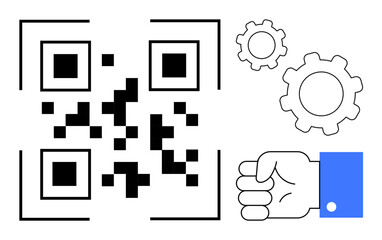 Wall Mural - qr code with bold squares, a clenched hand with a sleeve, and two gear wheels. ideal for technology,