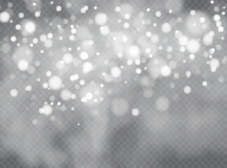 Wall Mural - Vector falling snow effect isolated on transparent background with blurred bokeh.