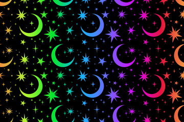 Wall Mural - bright rainbow stars and crescents on a black background. seamless pattern