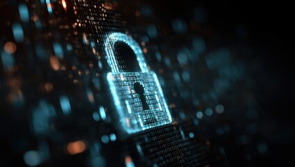 Digital security concept featuring a glowing padlock icon made of binary code against a dark tech background symbolizing protection.