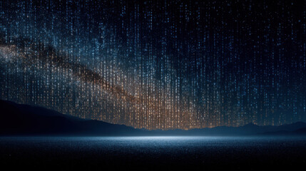 Nature escape from tech,Night sky with digital code rain over mountain silhouette creates tech escape from nature in futuristic glowing scene