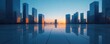 © Boy - City skyline at dawn, reflected on a flat surface