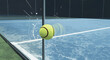 © iamadhithia - A tennis ball hitting the net post with dynamic force and explosive impact on a blue court