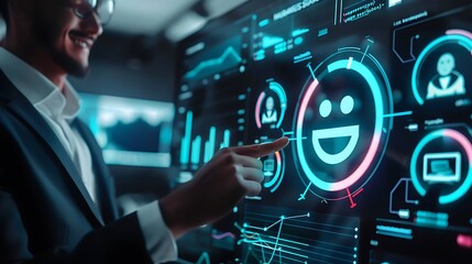 business man pushing a button on a touch screen interface