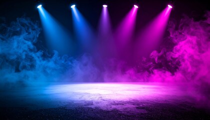 Wall Mural - the dark stage shows, empty dark blue background, neon light, spotlights, the asphalt floor and stud