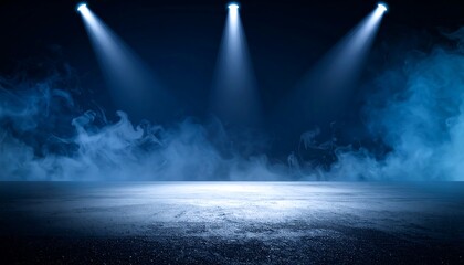Wall Mural - the dark stage shows, empty dark blue background, neon light, spotlights, the asphalt floor and stud