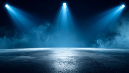 Wall Mural - the dark stage shows, empty dark blue background, neon light, spotlights, the asphalt floor and stud