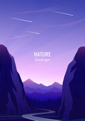 Wall Mural - Road running between steep cliffs. Silhouettes of mountain ranges and hills in the distance. Night sky, twilight. Concept of travel, tourism. Vector illustration.	Not generated AI.