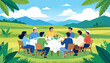 © Generative AI - Diverse group of friends in casual clothes dining together at a round table. Flat vector illustration of people sharing a meal and conversation.