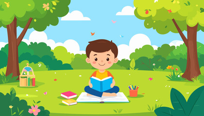 Cheerful cartoon boy with brown hair sitting cross-legged and reading a blue book.